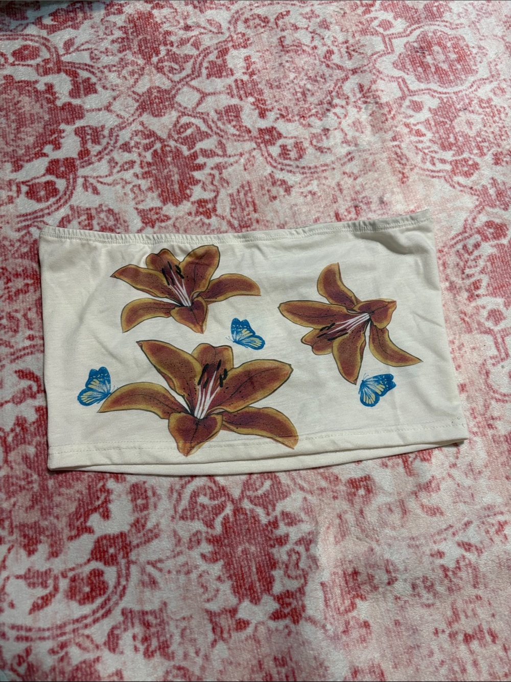 White Floral Tube Top with Brown Lilies & Blue Butterflies